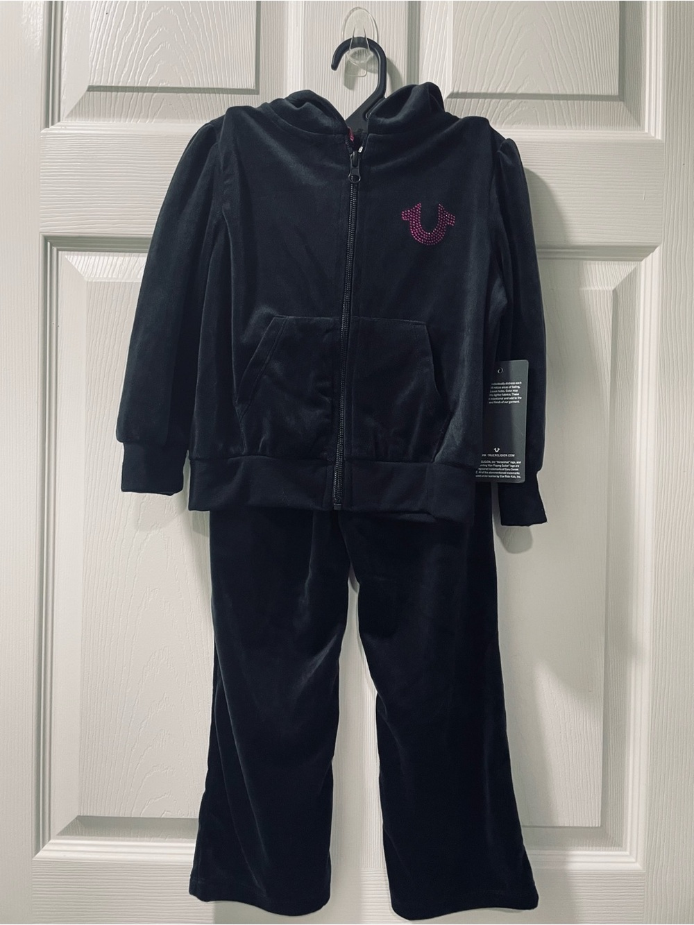 True Religion Black Velour Hooded Pajama Set with Pink Logo